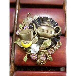 Vintage Tea Party Brooch Teapot Teacup Teabag Lemon Wedge Flowers 2"x1.6"